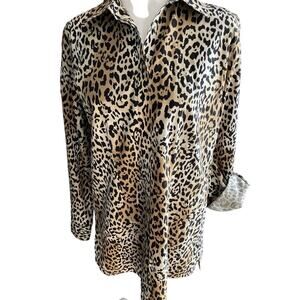 Chico's Women's Button Down Tunic Animal Print Tabbed Roll Up Sleeve Sz Sm